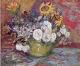 Still life with roses and sunflowers